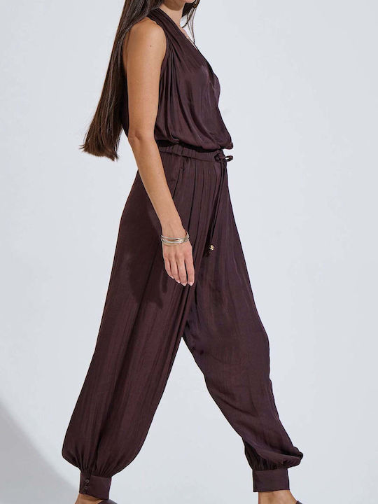 Women's Satin Trousers with Elastic in Loose Fit Brown