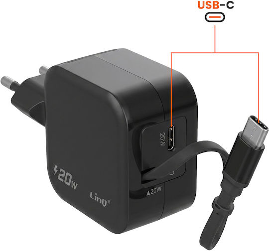 Linq Pocket Ladegerät Usb-c 20w Ausziehbares Kabel Usb-c Port Schwarz