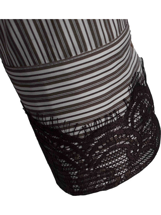 Long Sleeve Women's Denim Shirt Brown Striped