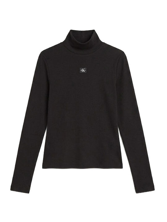 Bluza Damă Bumbac Mânecă Lungă Cu Guler Înalt Neagră