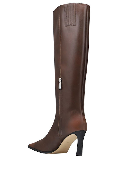 Leather Women's Boots with Mid Heel Tabac Brown