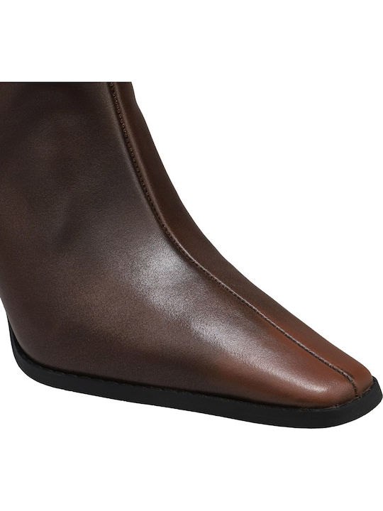 Leather Women's Boots with Mid Heel Tabac Brown
