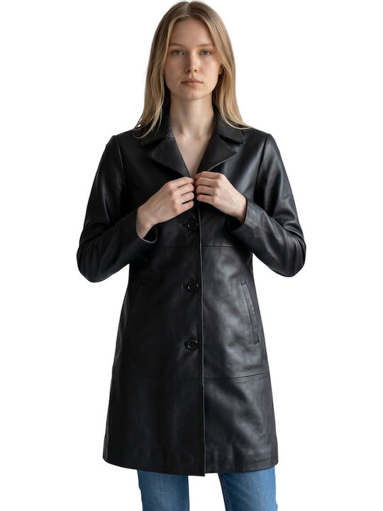 Кожено Дамско Черно Half Coat с Бутони