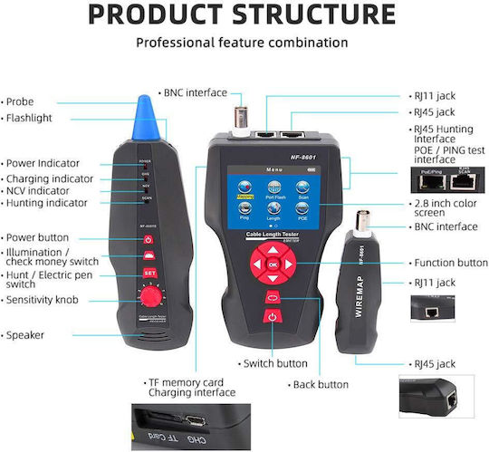 Tester de cabluri Noyafa Multifuncțional Poe Ping Suportă Rj45 Rj11 Cat5 Cat6 Nf-8601w