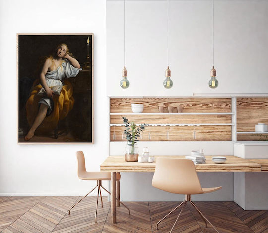 Πίνακας Mary Magdalen Long Wavy Blonde Hair Seated Leaning Her Pl Upper Arm On A Table Heavy Turned Leg; Mary Wears A White Gown Exposing Her Pr Breast Arm A Loop Gold Fabric Around Her Lap 100x150