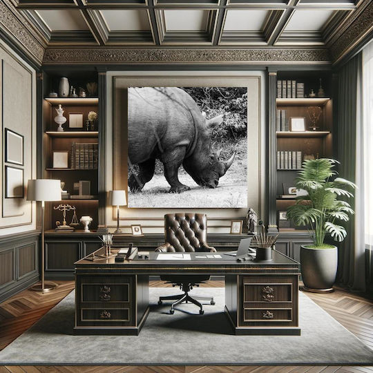 Painting Grazing Rhino In Black White Rhinoceros Grazes Black White 110x110