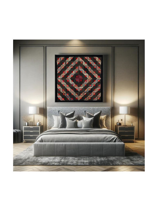 Painting Blocks Arranged in Barn Raising Pattern Block Centers Red Wool Strips in Variety Solid Colors Prints Blue Edge Binding Back Is Black White Small Floral Print on Grey Ground 120x120
