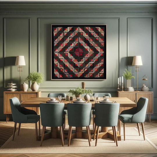 Painting Blocks Arranged in Barn Raising Pattern Block Centers Red Wool Strips in Variety Solid Colors Prints Blue Edge Binding Back Is Black White Small Floral Print on Grey Ground 120x120