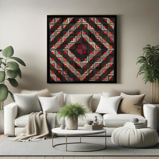 Painting Blocks Arranged in Barn Raising Pattern Block Centers Red Wool Strips in Variety Solid Colors Prints Blue Edge Binding Back Is Black White Small Floral Print on Grey Ground 120x120