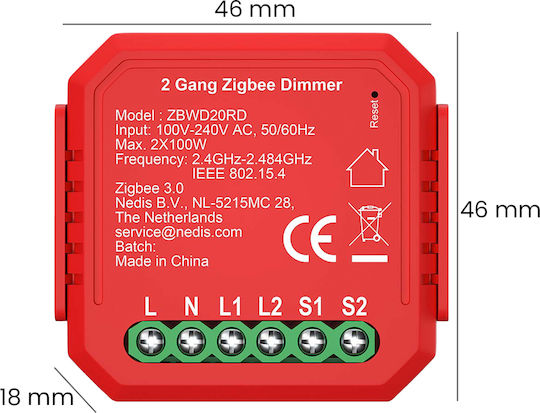 Nedis Zigbee 3.0 200w Smart Switch Dual Dimmer Red