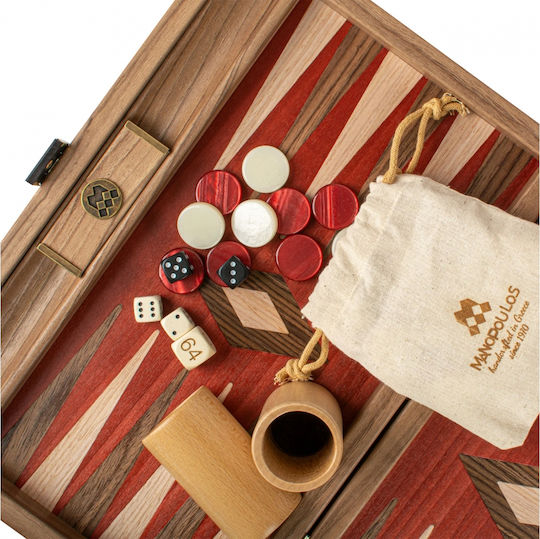 Manopoulos Walnut Wooden Checkers & Dice for Backgammon Handmade Red 20cm