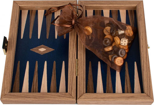 Manopoulos Walnut Wooden Checkers & Dice for Backgammon Handmade Blue / Brown 20cm