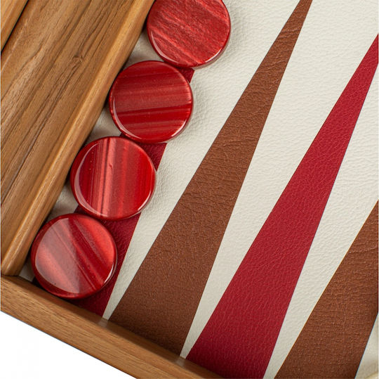 Manopoulos Leatherette Wooden Checkers & Dice Set for Backgammon Handmade Beige / Red / Brown