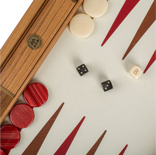 Manopoulos Leatherette Wooden Checkers & Dice Set for Backgammon Handmade Beige / Red / Brown