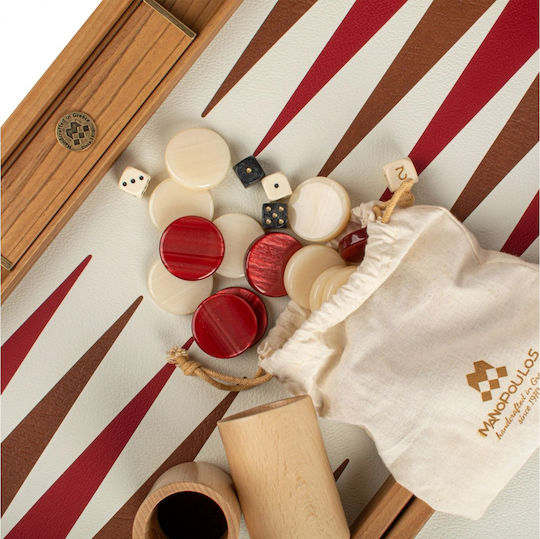 Manopoulos Leatherette Wooden Checkers & Dice Set for Backgammon Handmade Beige / Red / Brown