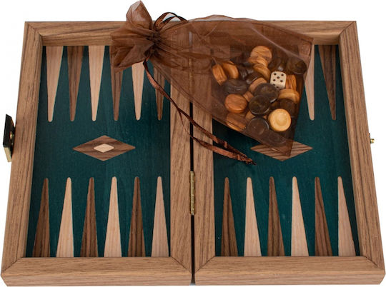 Manopoulos Walnut Wooden Checkers & Dice for Backgammon Handmade Green / Brown 20cm