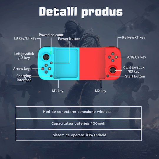 Gamepad Controler Gaming Android Telefon iOS PC PS Nintendo Bluetooth 5.0 Wireless Albastru Roșu