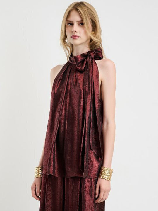Women's Sleeveless Blouse with Neck Tie Burgundy