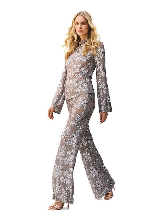 Damen Bluse Langärmelig Silber- Pouro 64-2018-861-SILBER