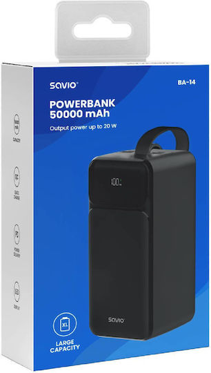 Savio BA-14 Power Bank 50000mAh 20W mit 2 USB-A Ausgangsanschlüsse und 2 USB-C Ausgangsanschlüsse Schwarz