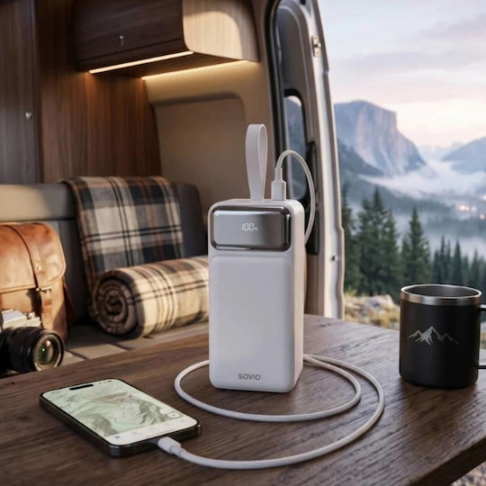 Savio BA-15 Power Bank 50000mAh 20W with 2 USB-A Ports and USB-C Port White