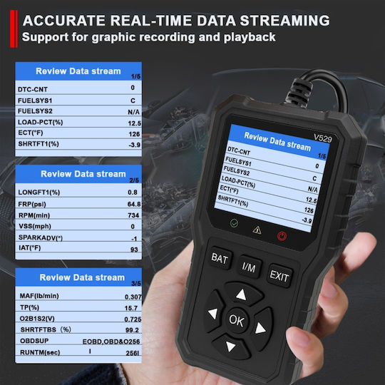 Obd2 Auto Diagnostic Tester Foxsur V529 Battery Test Dtc Lookup 10 Languages Engine Codes O2 Sensor Evap Freeze Frame I M Black