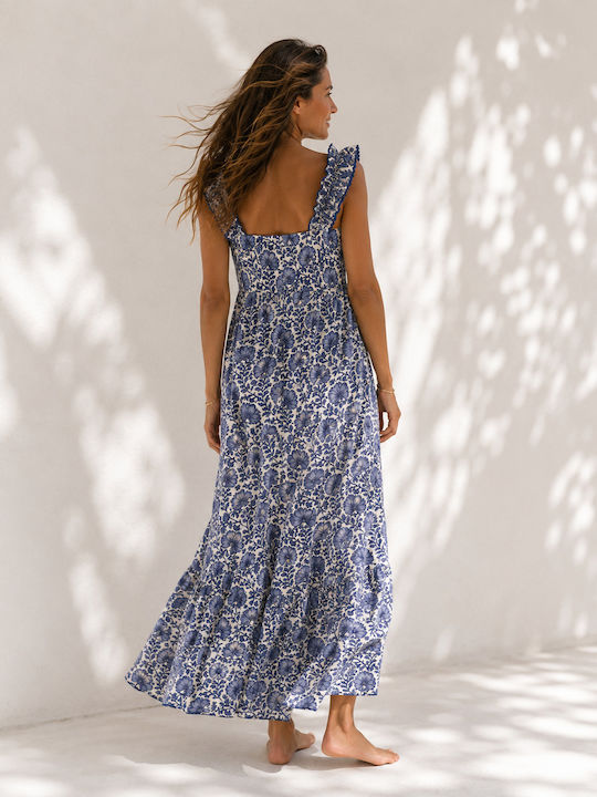 Sommer Maxi Hemdkleid mit Rüschen Blau