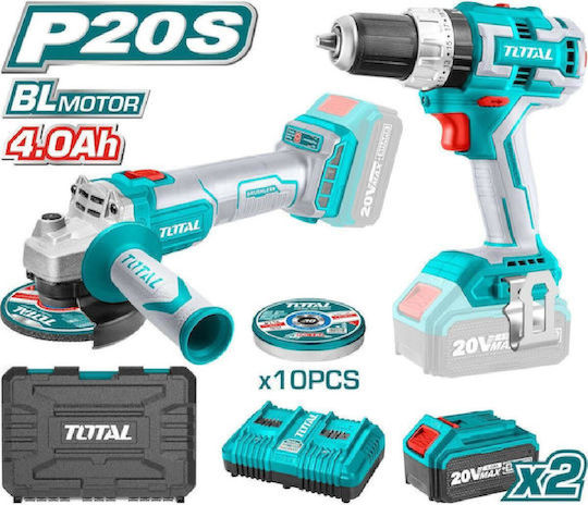 Total TCKLI6015 Angle Grinder & Impact Drill Driver 20V with 2 4Ah Batteries and Case
