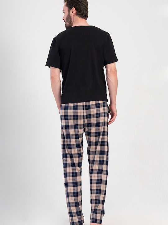 Vienetta Secret Plus Size Summer Checked Men's Pyjama Pants Beige