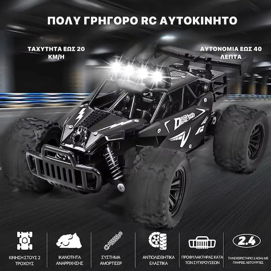 Mașină Teleghidată Rc Off-road 1:16 Viteză 20 Km/h Roți Mari All-terrain Lumini Led Proiectoare Telecomandă Tip Pistol Baterie Reîncărcabilă Inclusă Jucărie Pentru Copii 5+ Ani Neagră