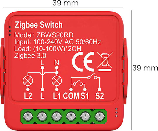 Nedis Zigbee 3.0 Connected Double Switch 2x100w Without Neutral Voice Control Red