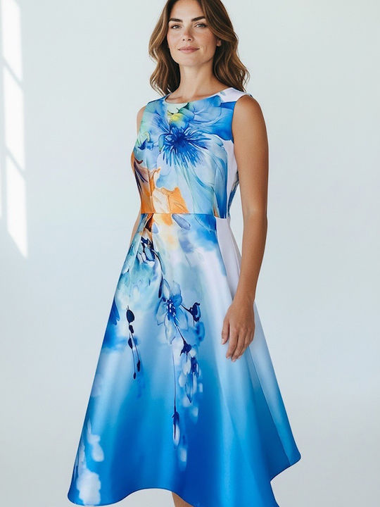 Summer Midi Shirt Dress Satin Blue Multicolour