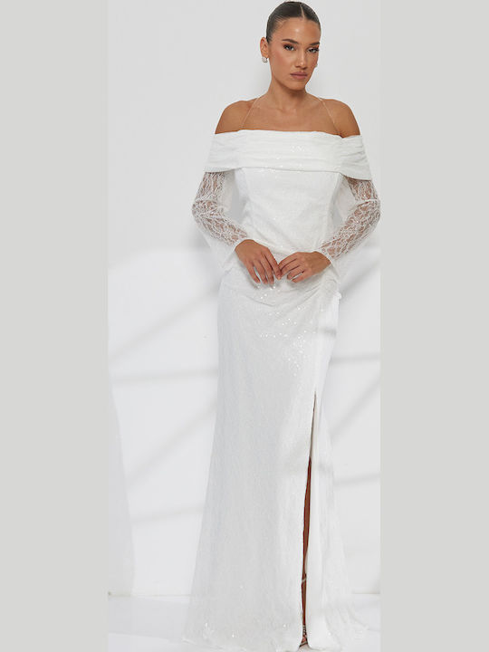 Rochie Maxi De Mireasă Cu Umerii Goi Cu Dantelă Și Deschizătură Albă