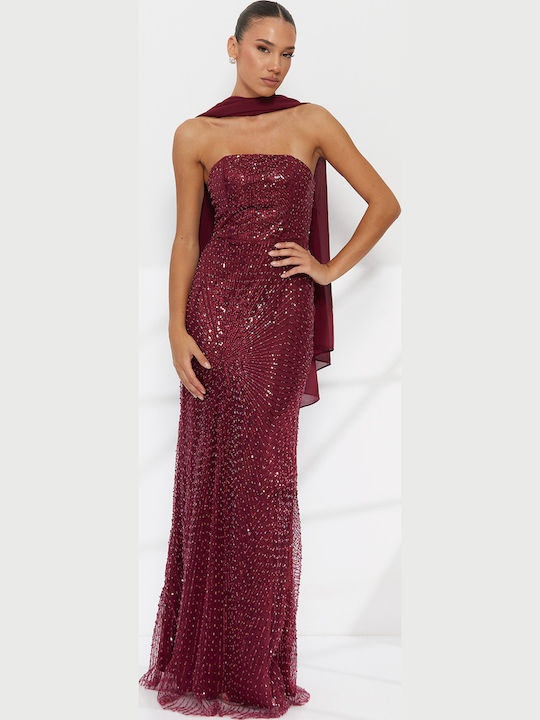 Rochie Maxi de Seara Fără Bretele cu Tul și Plasă Auriu