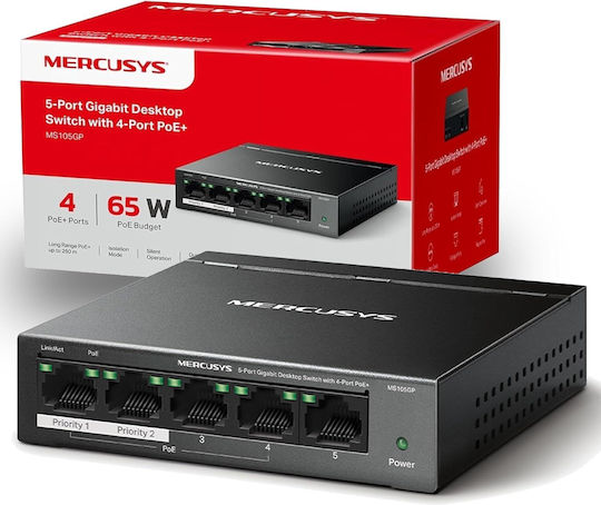 Mercusys MS105GP v3 Unmanaged L2 PoE+ Switch με 5 Θύρες Gigabit (1Gbps) Ethernet