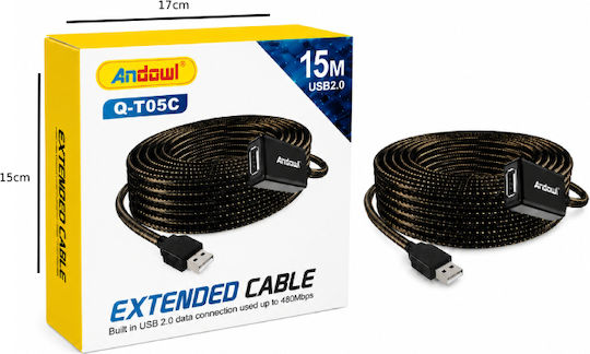 Andowl Q-T05C USB 2.0 Cable USB-A male - USB-A female Μαύρο 15m