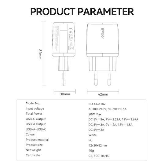BWOO Зарядно Устройство Без Кабел с USB-A Порт и USB-C Порт 20W Power Delivery Бял (BO-CDA182)