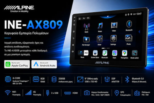 Ine-ax809 Universal Alpine Navigație 9" Ecran Wxga Hd Android 13 8-Core 2.0ghz 8+256gb 4g Wi-fi Bt
