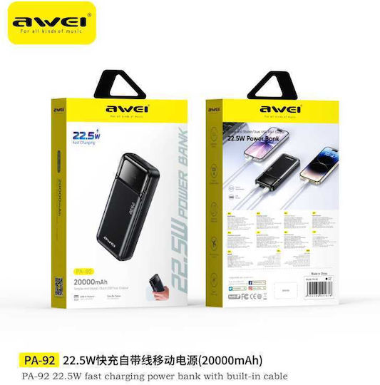 Awei PA-92 Външна Батерия 20000mAh 22.5W с USB-A Изходен Порт и 2 USB-C Изходни Порта Power Delivery Черен