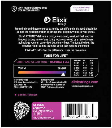 Elixir Набор Струни За Акустична Китара Фосфорен Бронз 11 - 52
