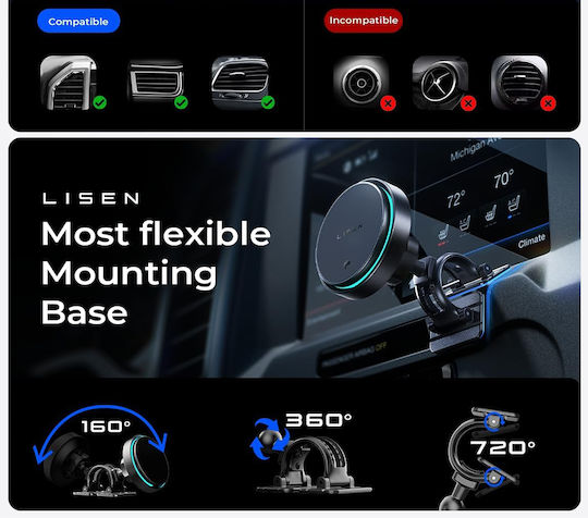 Lisen Car Holder Wireless Charger W116 Yl0225060018 Air Vent Dashboard Cooling Fan 25w Qi2.2 Black