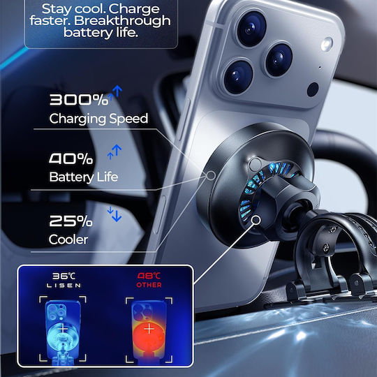 Lisen Car Holder Wireless Charger W116 Yl0225060018 Air Vent Dashboard Cooling Fan 25w Qi2.2 Black
