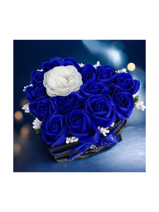 Velvet Heart Aranjament Floral În Formă De Inimă 15 Trandafiri Săpun Accent Sclipici Albastru Alb