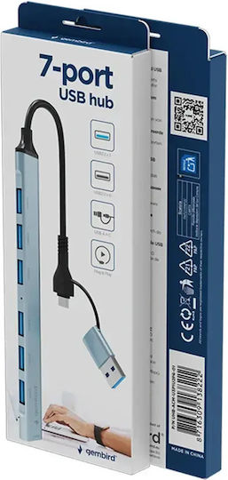 Gembird 7-Port USB 3.2 Hub with USB-A / USB-C Connection Silver