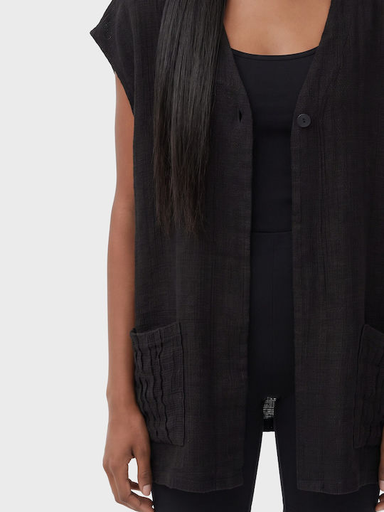 Damen Sommer Leinen Ärmellose Bluse Schwarz