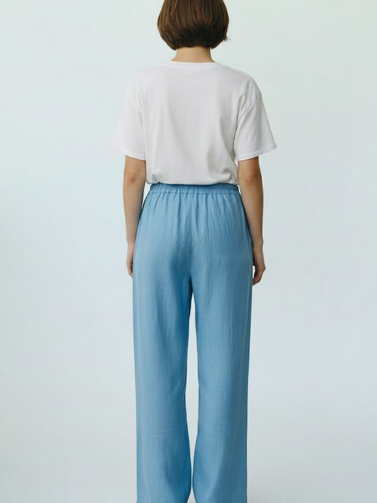Damen Leinen Pantaloons mit Gummiband in Lose Passform Hellblau 2463hellblau