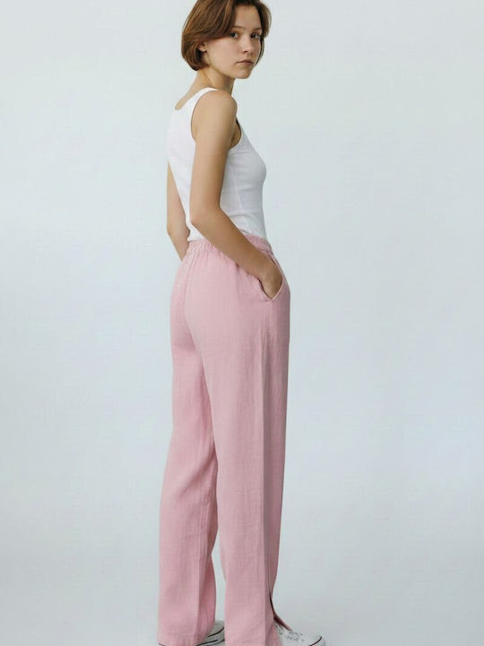 Damen Leinenhose mit Gummiband in Lose Passform Rosa