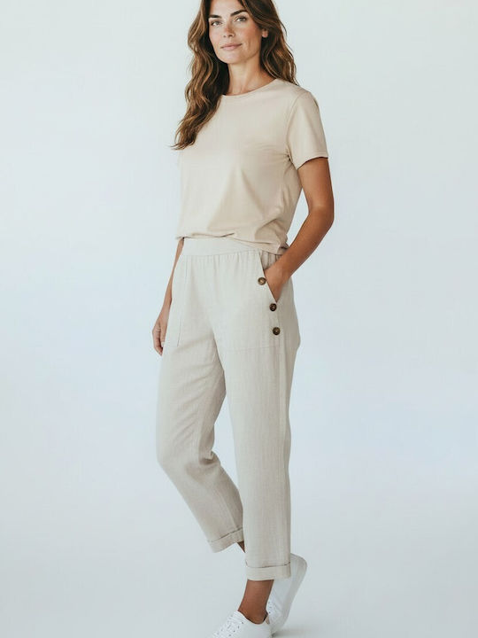 Damen Stoff Capri Hose mit Gummiband in Lose Passform Beige