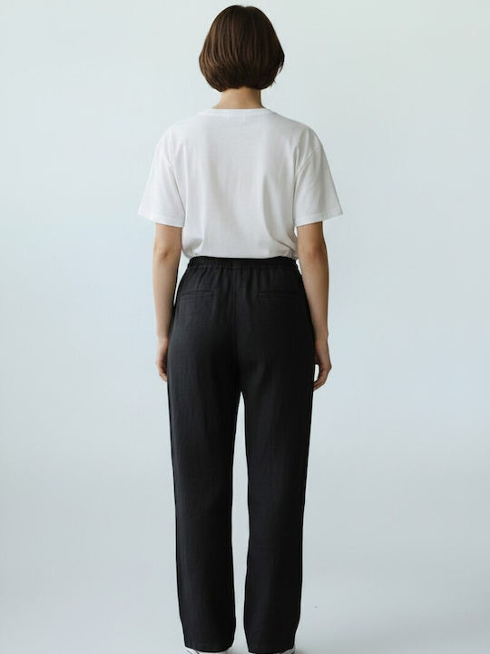 Damen Leinen Pantaloona mit Gummiband Schwarze