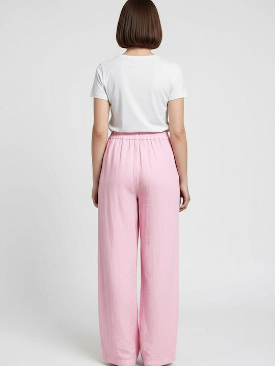 Damen Leinenhose mit Gummiband in Lose Passform Rosa